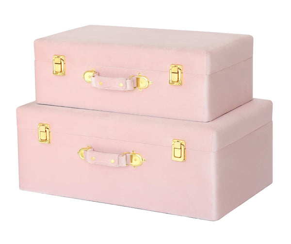 Velvet Storage Trunks Set of 2 with Wood Frame & Gold Hardware