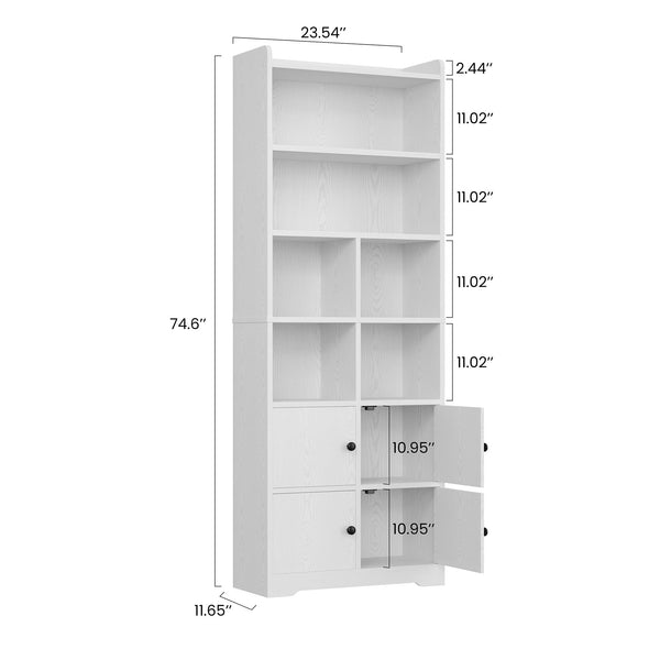 Tall Bookshelf with Doors & Storage – 74.6" White