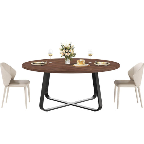 LVB 60-Inch Round Dining Table, Modern Wood Metal Kitchen Tables, Industrial Large Dinner Room Table for 6 to 8, Circle Dining Room Tables for Home Kitchen Living Room, Walnut
