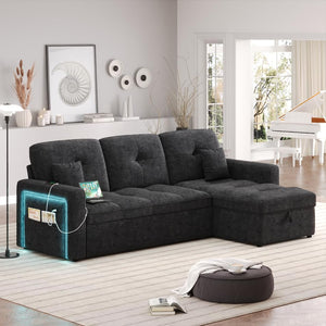 HIFIT 81" LED Sectional Sleeper Sofa with Pull Out Couch Bed, Convertible L Shaped Couch with Storage & USB & Adjustable Backrest & 2 Pillows, Chenille Sectional Couch for Living Room Bedroom, Black