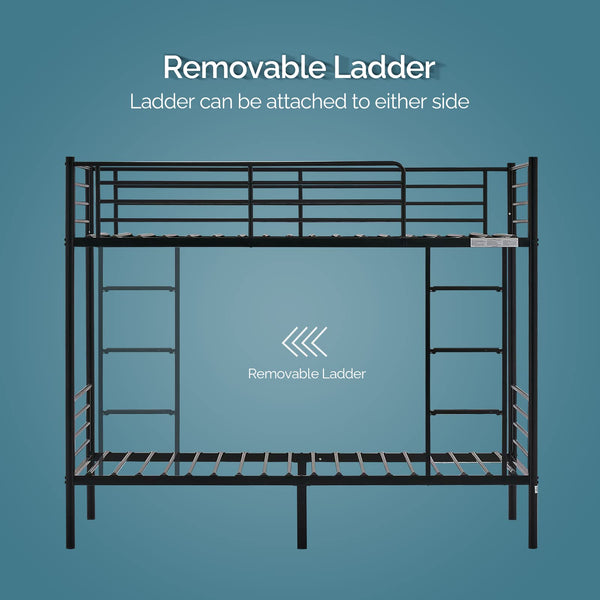 Twin Over Twin Metal Bunk Bed with Flat Ladder & High Guardrail