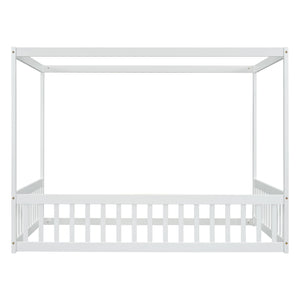 Full Size Kids Canopy Floor Bed Frame with Guardrails