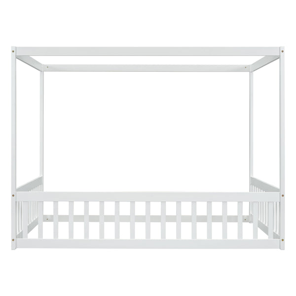 Full Size Kids Canopy Floor Bed Frame with Guardrails