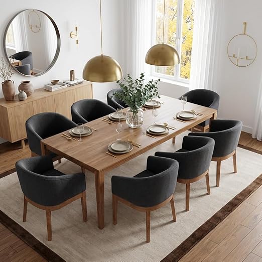 Linen Upholstered Dining Chairs with Solid Wood Legs & Curved Backrest