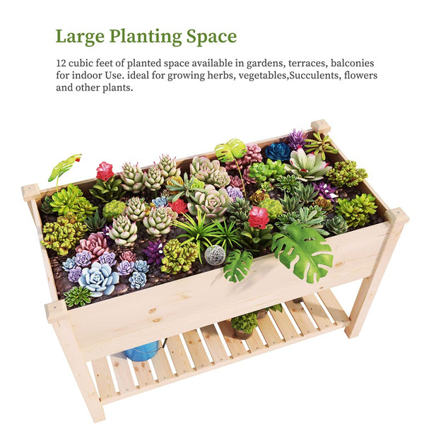 Elevated Wood Raised Garden Bed with Storage Shelf