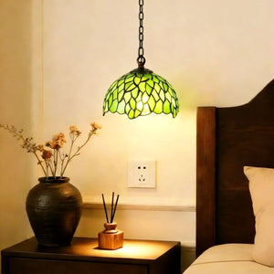 Tiffany Style Green Stained Glass Pendant Light – 8" Vintage Handcrafted Hanging Lamp