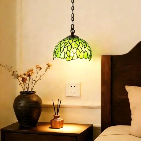 Tiffany Style Green Stained Glass Pendant Light – 8" Vintage Handcrafted Hanging Lamp