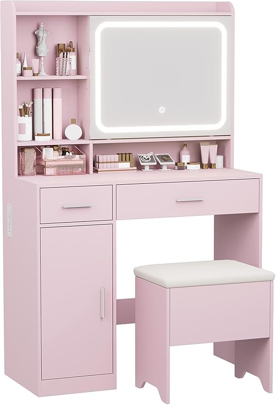 Vanity Desk with LED Mirror, Power Outlets & Storage