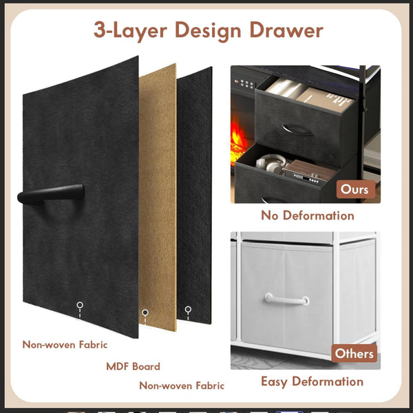 Fireplace TV Stand with Fabric Drawers, LED Lights & Power Outlets