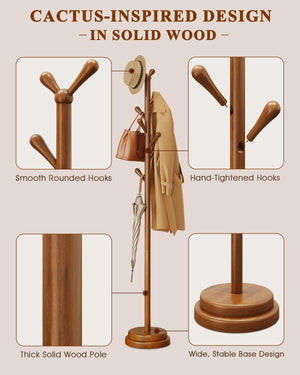 Solid Wood Freestanding Coat Rack with 8 Hooks