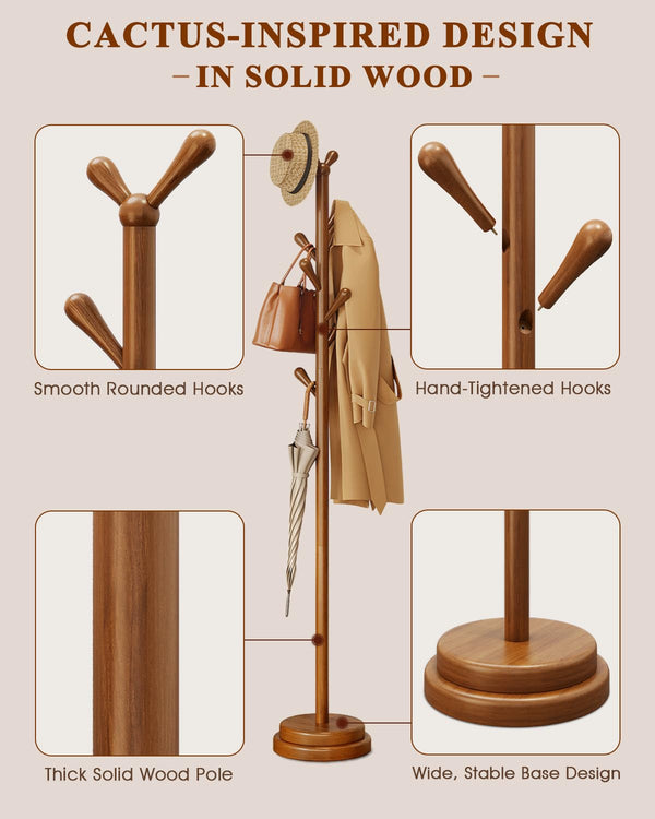 Solid Wood Freestanding Coat Rack with 8 Hooks