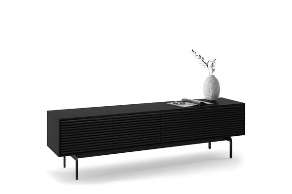Low Profile TV Stand with Louvered Doors & Soundbar Shelf – Fits TVs up to 85"