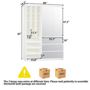 Mirrored Wardrobe Closet with Shoe Cabinet & 3 Drawers
