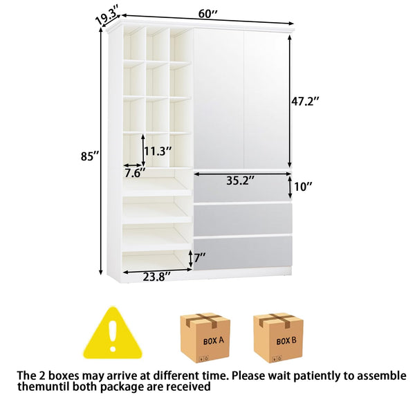 Mirrored Wardrobe Closet with Shoe Cabinet & 3 Drawers