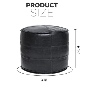 Leather Pouf Ottoman – Round Footstool, Black, 18"x18"x14"
