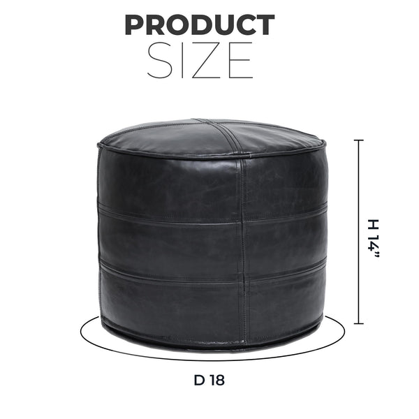 Leather Pouf Ottoman – Round Footstool, Black, 18"x18"x14"