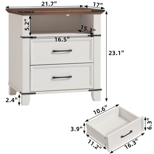 Farmhouse Nightstand with 2 Drawers & Open Shelf – White