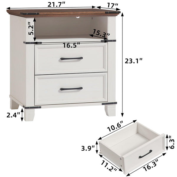 Farmhouse Nightstand with 2 Drawers & Open Shelf – White