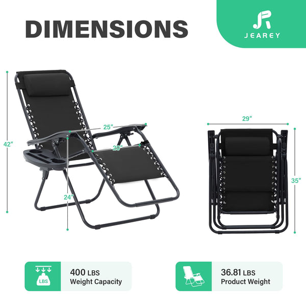 Oversized Zero Gravity Lounge Chairs Set of 2 with Pillows & Cup Holder Trays