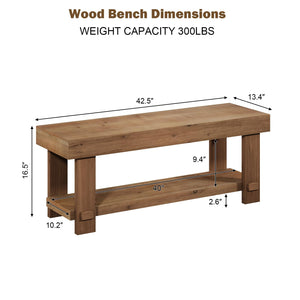 Solid Wood Farmhouse Entryway Bench with Storage Shelf