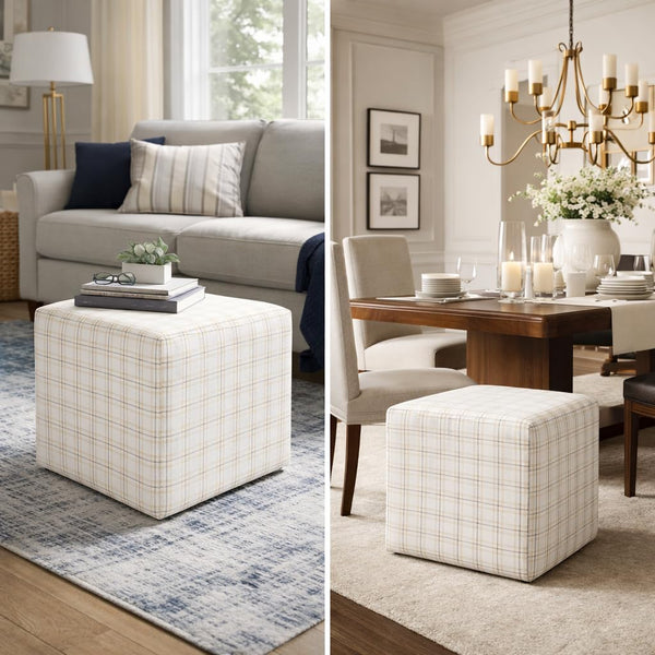 19" Square Upholstered Cube Ottoman – Wood Frame, Plaid Fabric