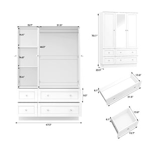 LED Wardrobe Closet with Mirror, 4 Drawers & Hanging Rod