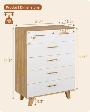 6-Drawer Dresser with Solid Pine Core – White & Light Wood