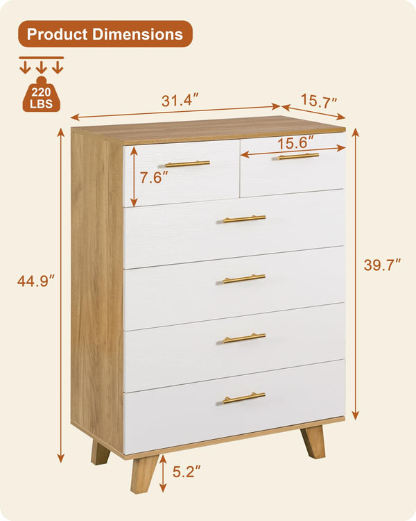 6-Drawer Dresser with Solid Pine Core – White & Light Wood