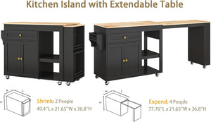 Extendable Rolling Kitchen Island with Dining Table