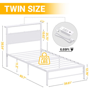 Twin Bed Frame with Headboard Shelf, RGB LED Light & Charging Station