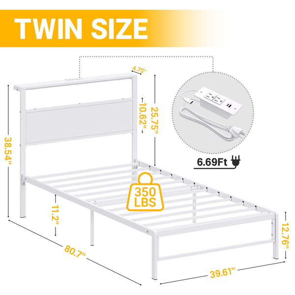 Twin Bed Frame with Headboard Shelf, RGB LED Light & Charging Station