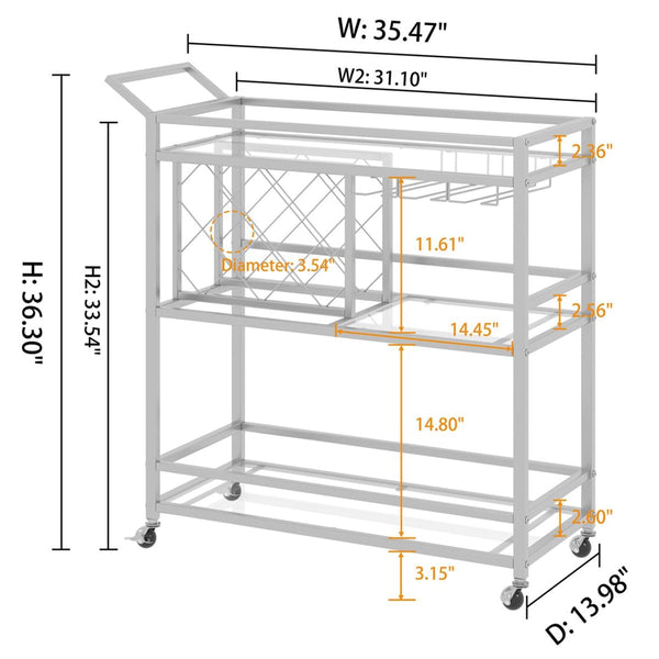 FATORRI Bar Cart Silver, Bar Carts for The Home, Home Bar Serving Carts for Liquor, Rolling Wine Cart with 3 Tier Mirrored Shelves on Wheels for Alcohol and Beverage (Silver)