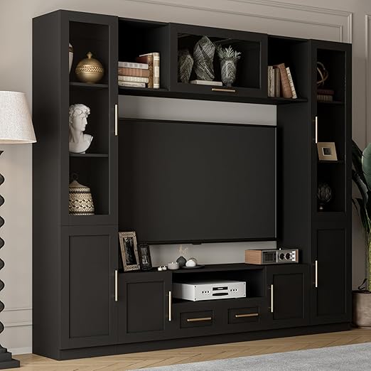 126" Entertainment Center Wall Unit with Glass Doors & Drawers
