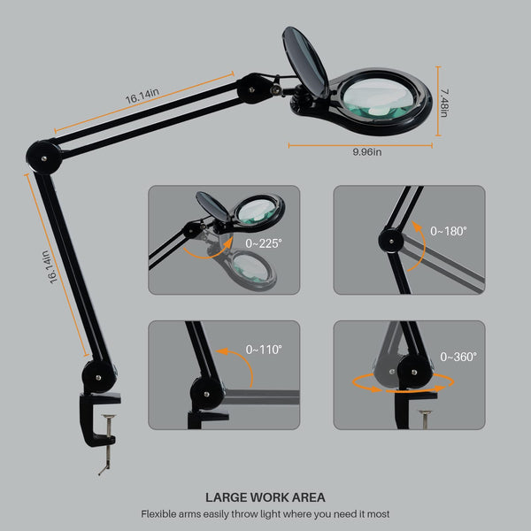 LED Magnifying Lamp with Clamp, 5-Inch Glass Lens & Swing Arm