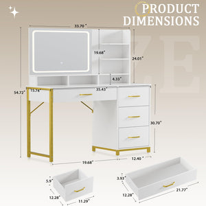 Lighted Makeup Vanity Table with Mirror, 4 Drawers & Storage Shelves