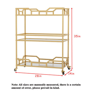 3-Tier Gold Bar Cart with Glass Shelves & Wheels