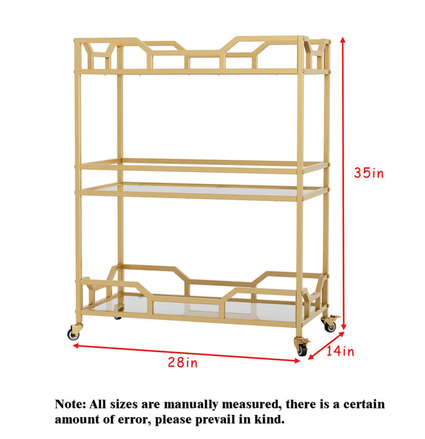 3-Tier Gold Bar Cart with Glass Shelves & Wheels