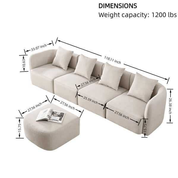 118" L-Shaped Modular Sectional Sofa with Ottoman
