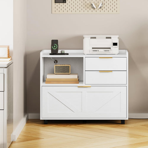 Lateral File Cabinet with Charging Station and Printer Stand