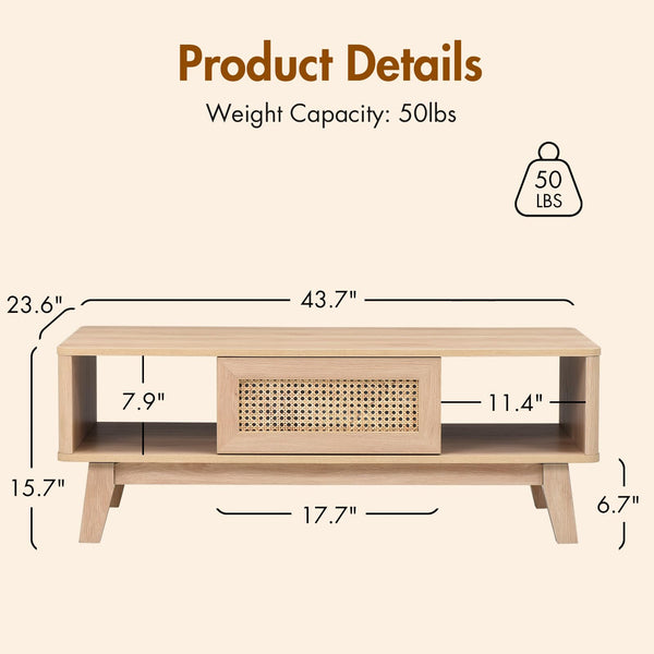 Mid-Century Coffee Table with Rattan Drawer