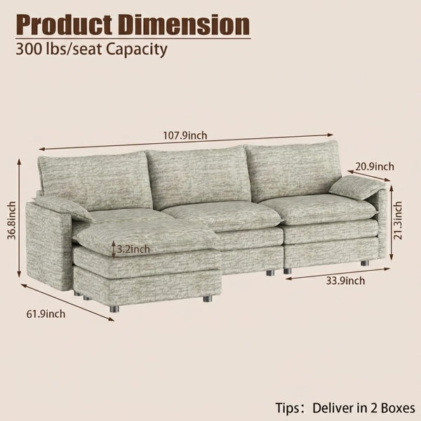 Modular Sectional Sofa with Ottoman – L-Shaped Cloud Couch, Deep Seat, Chenille Fabric