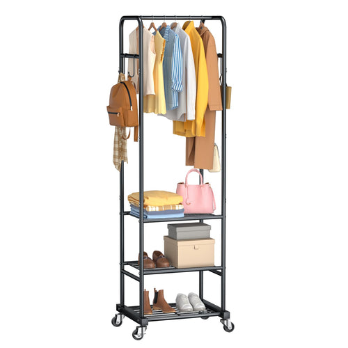 Freestanding Clothes Rack with Wheels & 3 Shelves