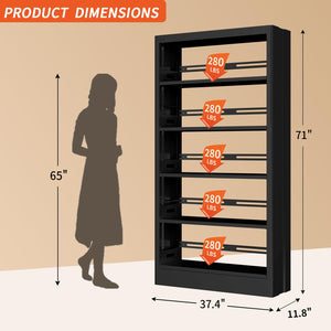 5-Tier Metal Bookshelf with Adjustable Shelves