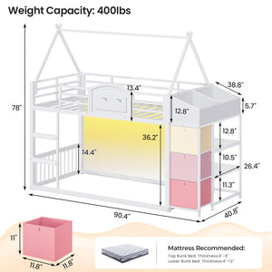 Twin Over Twin House Bunk Bed with Storage Drawers, LED Lights & Stairs