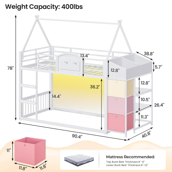 Twin Over Twin House Bunk Bed with Storage Drawers, LED Lights & Stairs