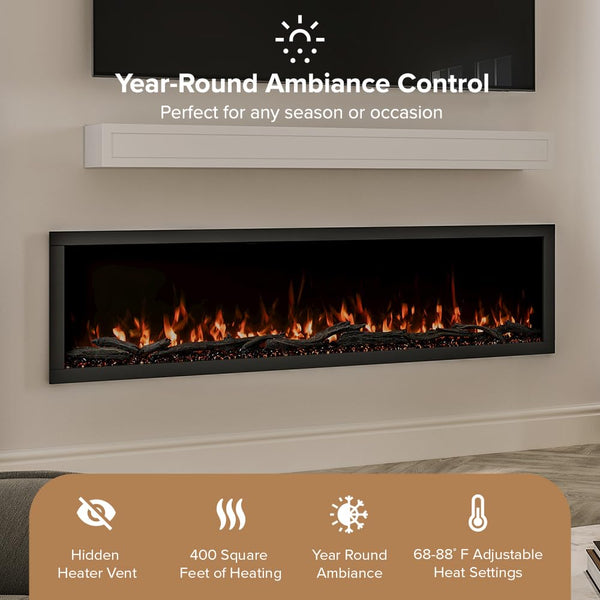 72-Inch Linear Electric Fireplace – Wall Mount & Recessed
