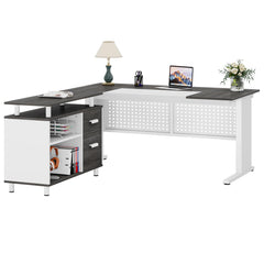 L-Shaped Executive Desk with File Cabinet & Storage Shelves