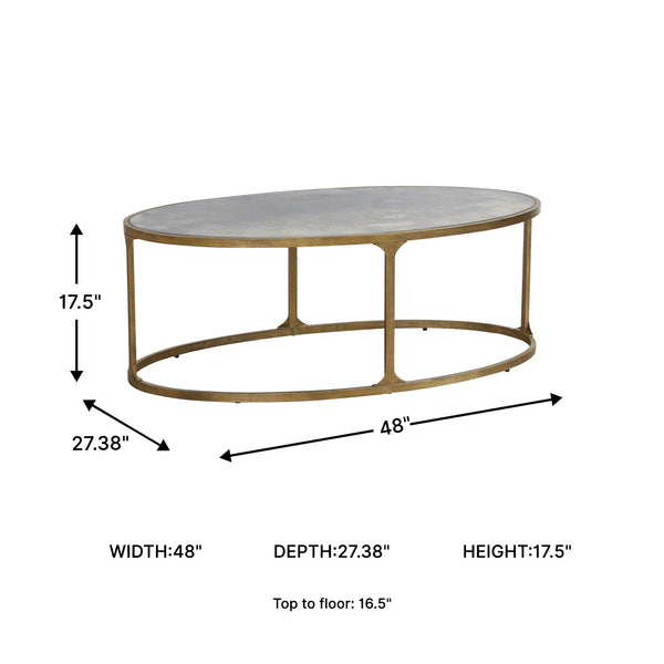 Oval Coffee Table – Tempered Glass Top, Faux Marble Finish, Antique Gold