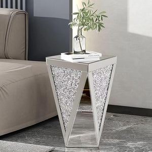 Mirrored End Table with Crystal Inlay – Silver Accent Side Table