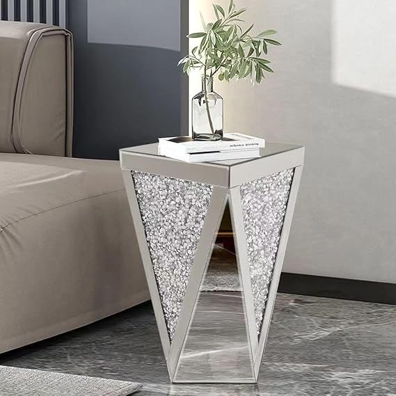 Mirrored End Table with Crystal Inlay – Silver Accent Side Table
